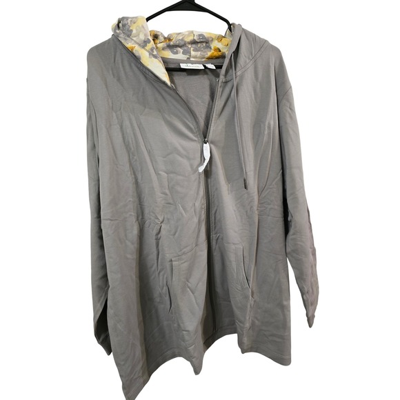 Denim & Co. Active Tops - Denim & Co Active Womens 3XP Grey Zip Up Hoodie Floral Lined Hood Sweatshirt